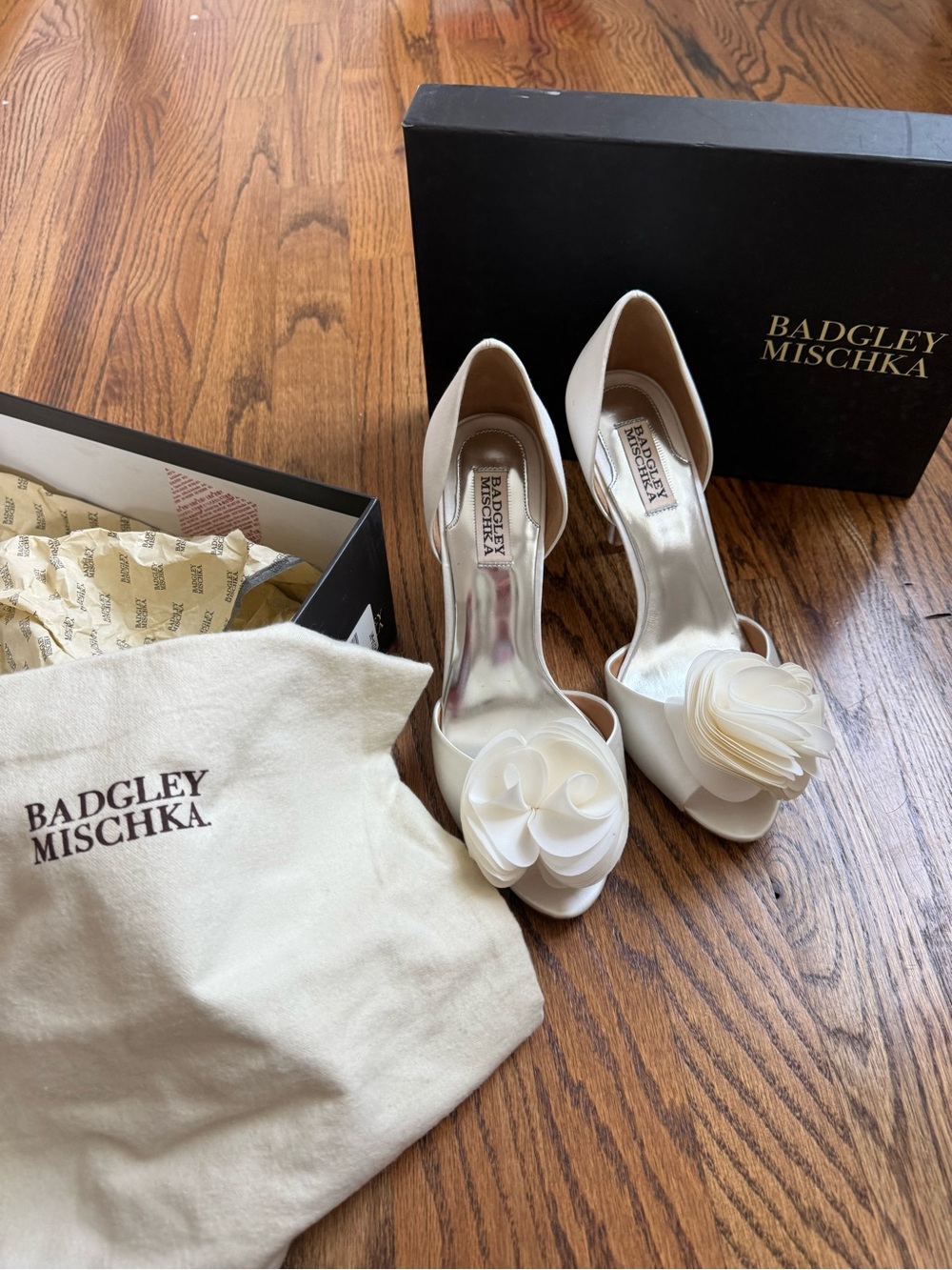 Badgley Mischka Ivory Satin Peep-Toe Heels with Floral Rosette